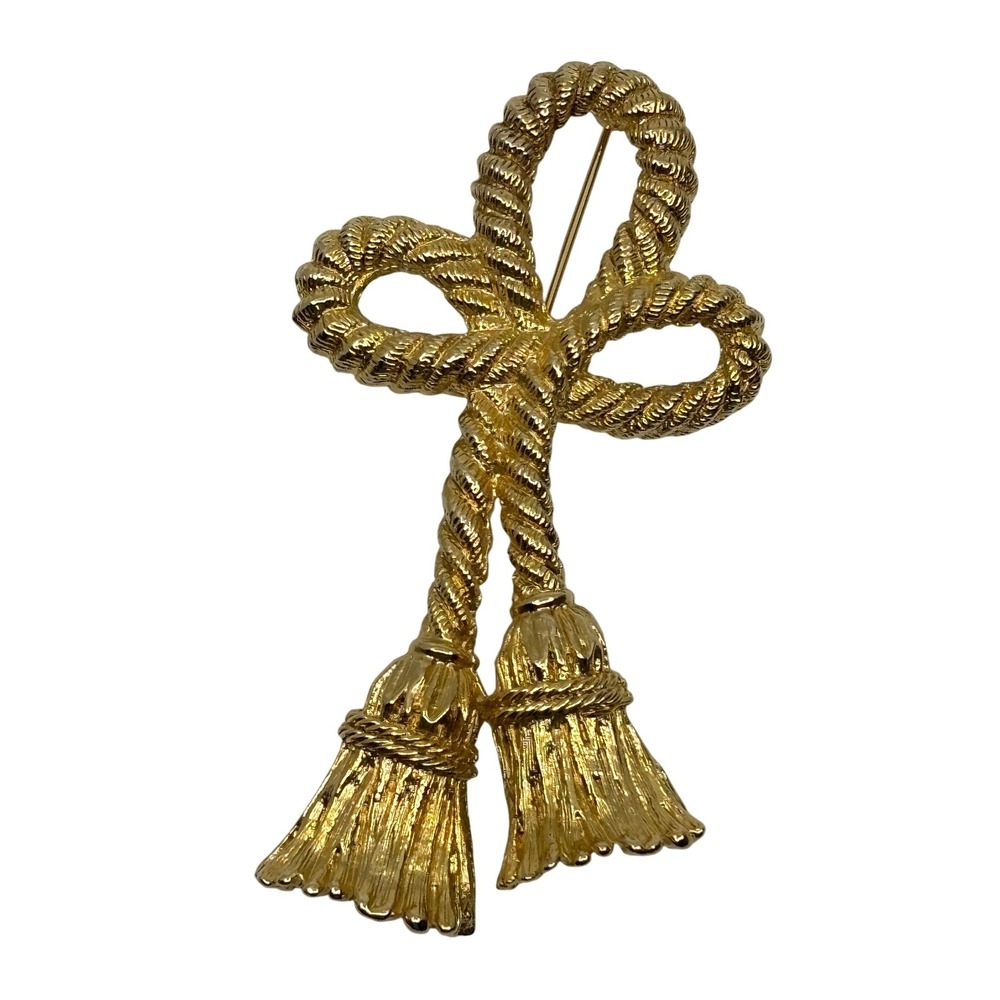 Vintage Gold Tone Twisted Rope Bow Tassel Brooch Pin Nautical Regency Style